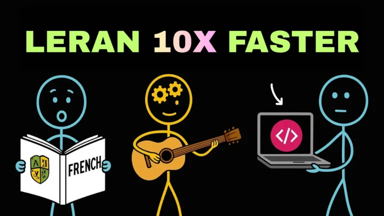 Illustration showing stick figures learning different skills like language, music, and coding with the text ‘Learn 10x Faster