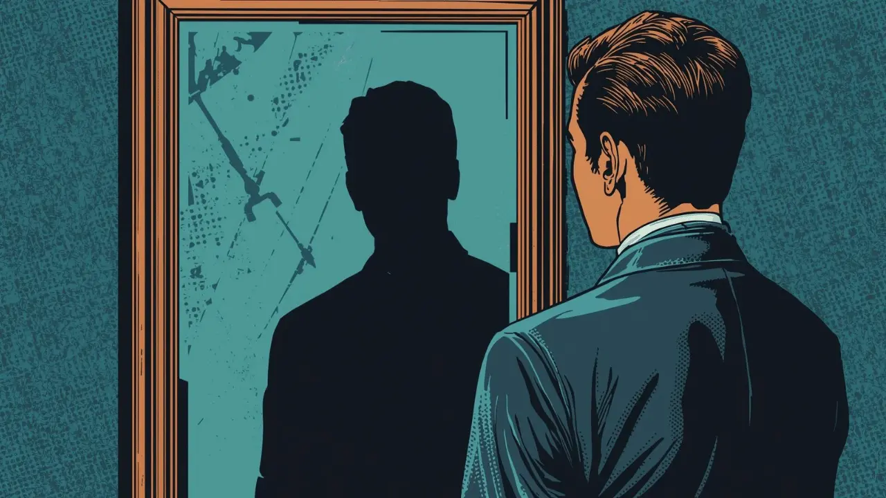 A person staring into a mirror where their reflection moves differently, symbolizing how subconscious patterns quietly control behaviour