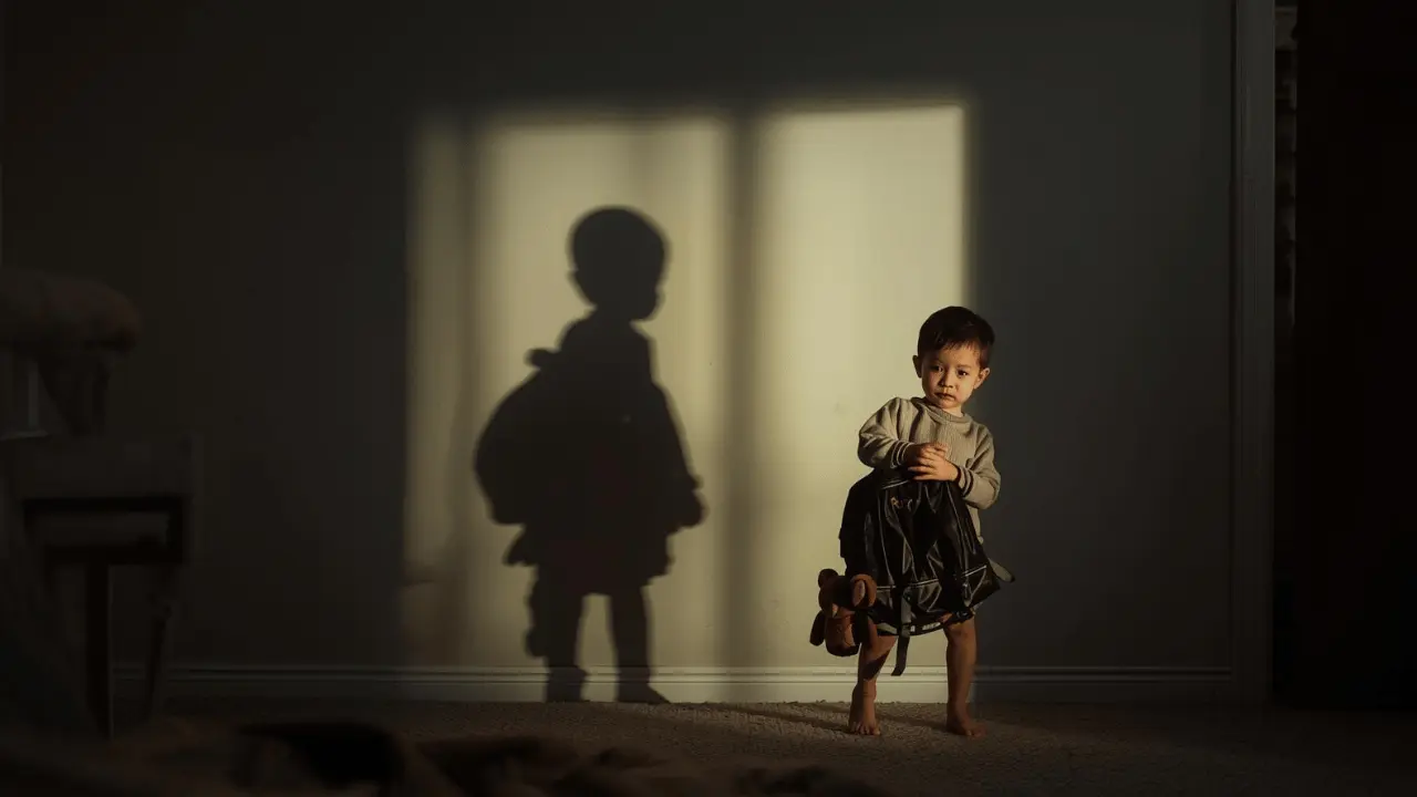 A young child standing in soft light, with the shadow of an adult projected on the wall behind them