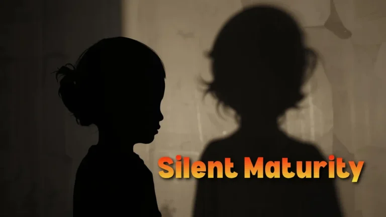 a small child whose shadow appears as an adult, symbolizing a childhood lost to early emotional maturity and silent responsibilities