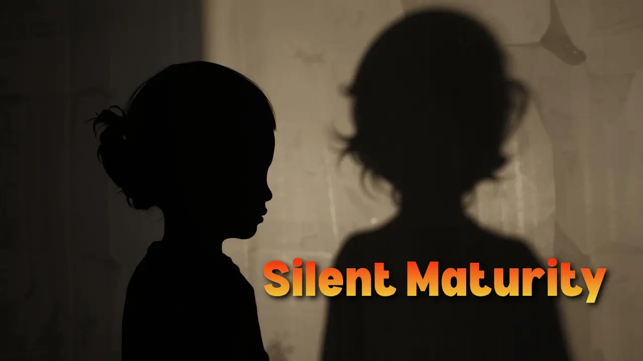 a small child whose shadow appears as an adult, symbolizing a childhood lost to early emotional maturity and silent responsibilities