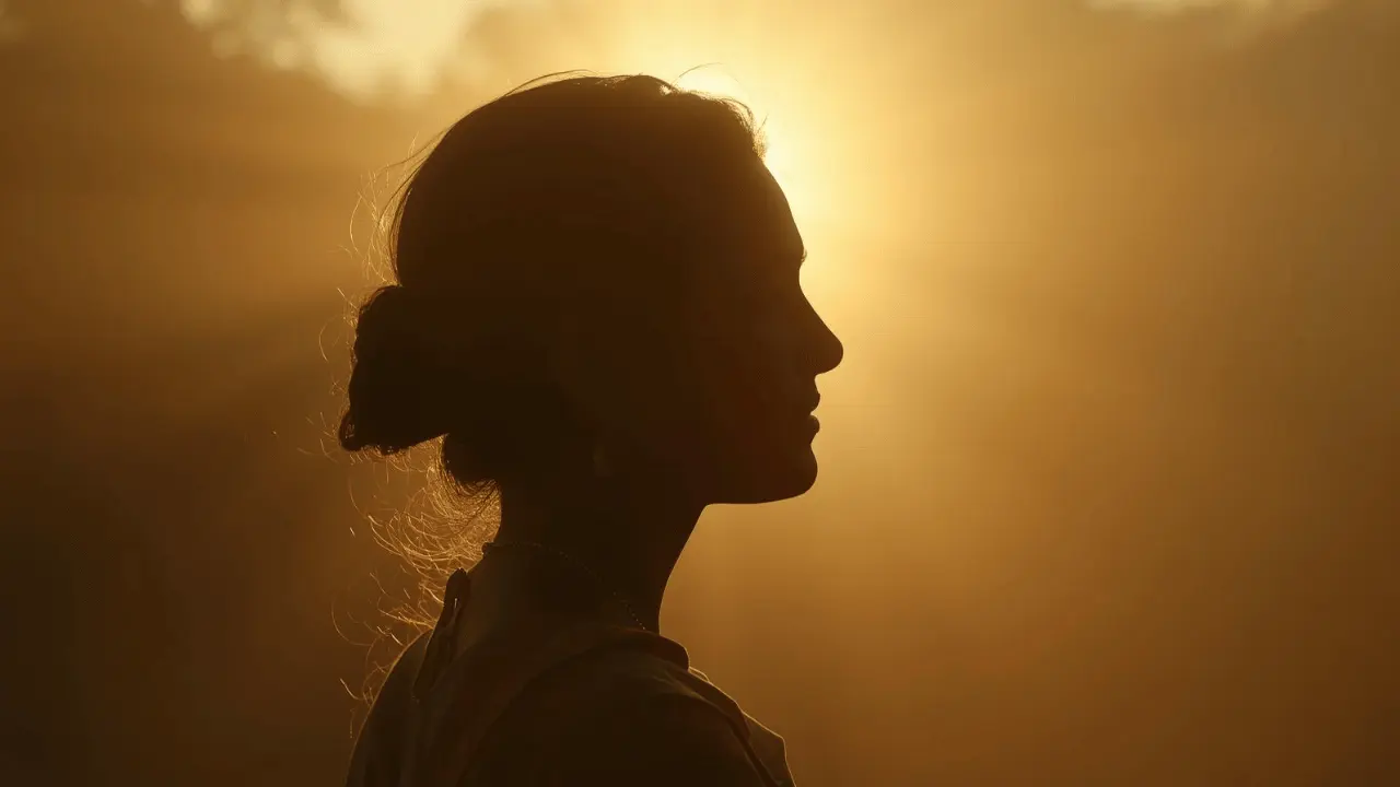 a young Indian woman smiling as morning sunlight gently brightens her face