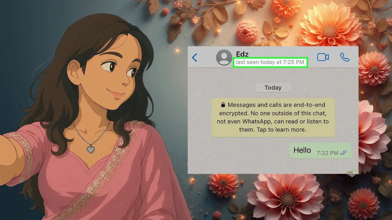 WhatsApp last seen chat screen और pink saree पहने लड़की का illustration, जो WhatsApp privacy और online status को दर्शाता है