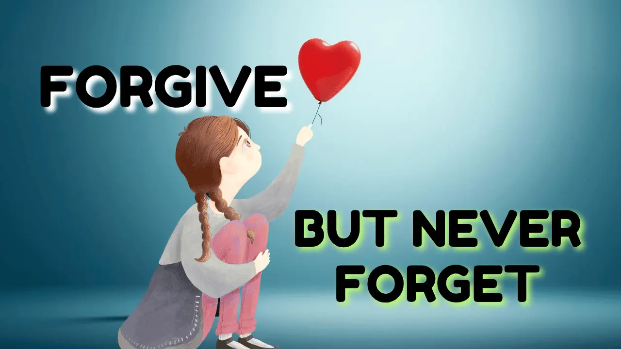 Stick figure letting go of a heart-shaped balloon while keeping a small glowing heart in hand, symbolizing forgiveness and memory