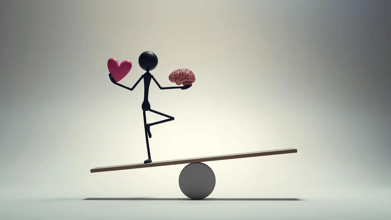 Stick figure balancing a heart and brain on each hand, symbolizing harmony between emotion and awareness