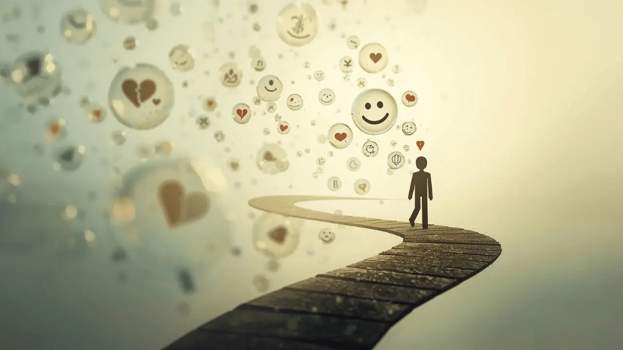 Stick figure walking along a winding path lined with floating thought bubbles representing memories