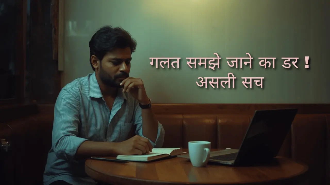 Indian person sitting alone in a quiet cafe, thinking before speaking