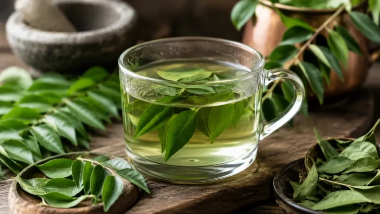 Fresh curry leaves steeping in a clear glass of warm water on a rustic wooden table.
