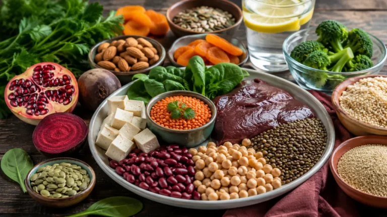 Iron-rich foods including lentils, beans, tofu, spinach, seeds, meat and vitamin C-rich produce arranged on a table.