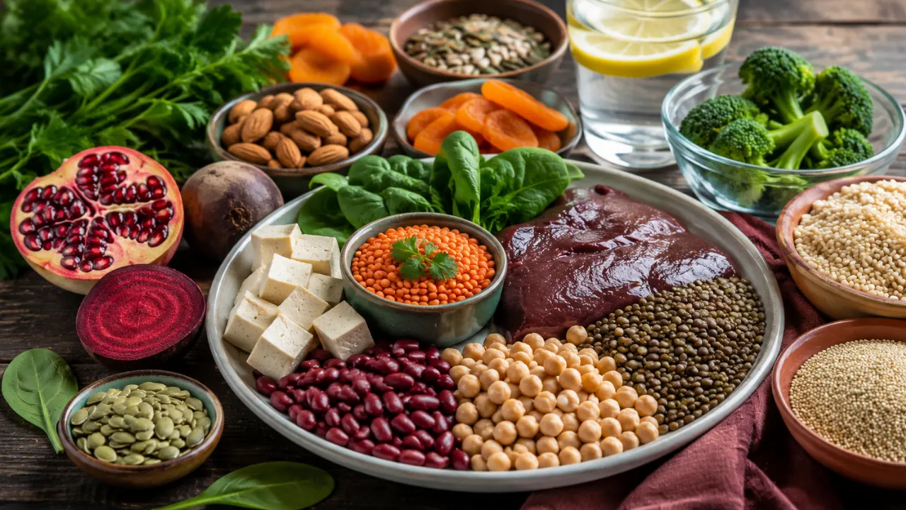 Iron-rich foods including lentils, beans, tofu, spinach, seeds, meat and vitamin C-rich produce arranged on a table.