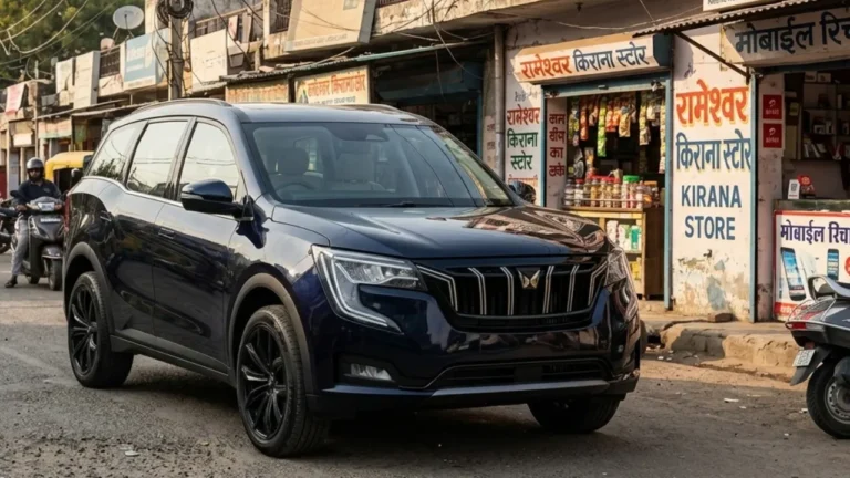 Mahindra XUV700 SUV parked on highway showing full front profile