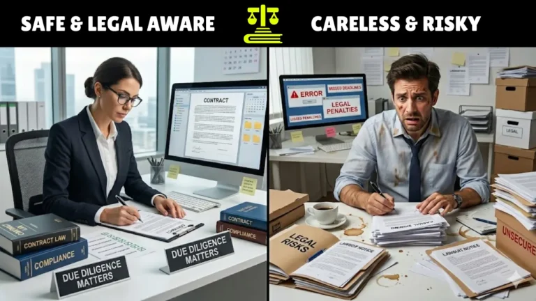 A split-panel comparison illustrating professional legal diligence versus legal negligence. The left panel shows a professional woman in a compliant office, labelled "SAFE & LEGAL AWARE."