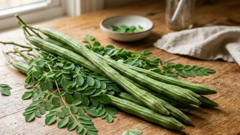 fresh drumstick moringa pods and leaves showing natural vegetable