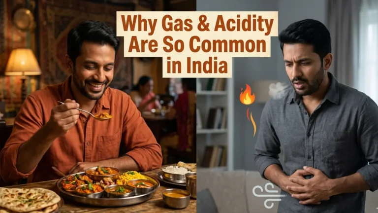 Person experiencing acidity and bloating after eating spicy Indian food