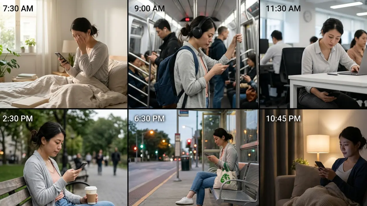 person repeatedly checking smartphone throughout the day