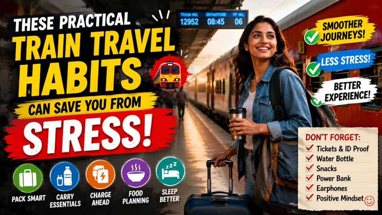 Young Indian woman standing on a railway platform with luggage beside a train and bold text about stress-free train travel habits in India.