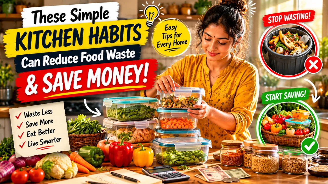 Indian woman organizing leftover food in kitchen containers with fresh vegetables and bold text about saving money and reducing food waste.