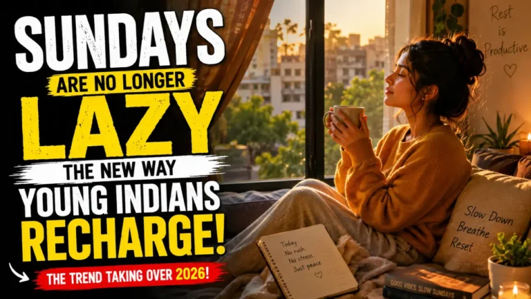 Young Indian woman enjoying a peaceful slow Sunday morning by the window with tea, cinematic warm lighting, and bold text about the rising Slow Sunday trend in India.