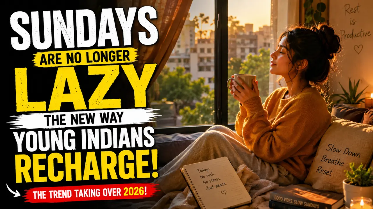 Young Indian woman enjoying a peaceful slow Sunday morning by the window with tea, cinematic warm lighting, and bold text about the rising Slow Sunday trend in India.