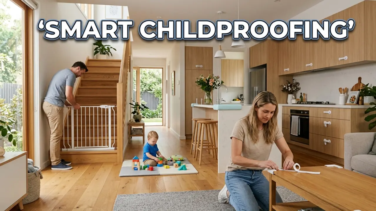 Childproofed family home with safety features for toddlers
