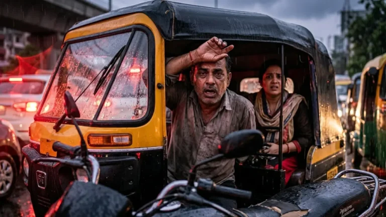 Frustrated auto-rickshaw driver and passenger stuck in a massive, rain-slicked traffic gridlock in India under a dark pre-monsoon storm sky.