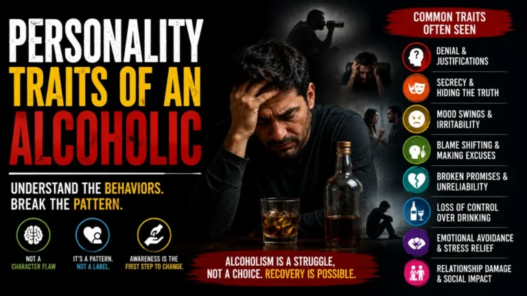 Learn common personality traits linked with alcoholism, including denial, secrecy, mood swings, blame-shifting, and when the pattern needs real help.