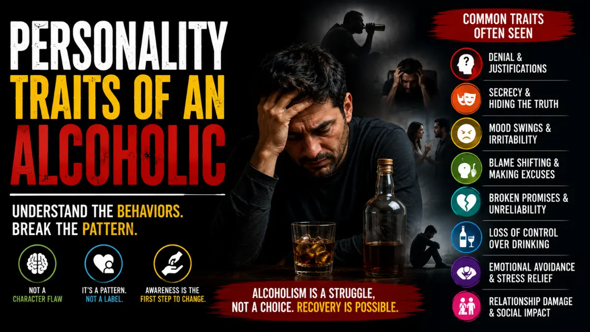 Learn common personality traits linked with alcoholism, including denial, secrecy, mood swings, blame-shifting, and when the pattern needs real help.