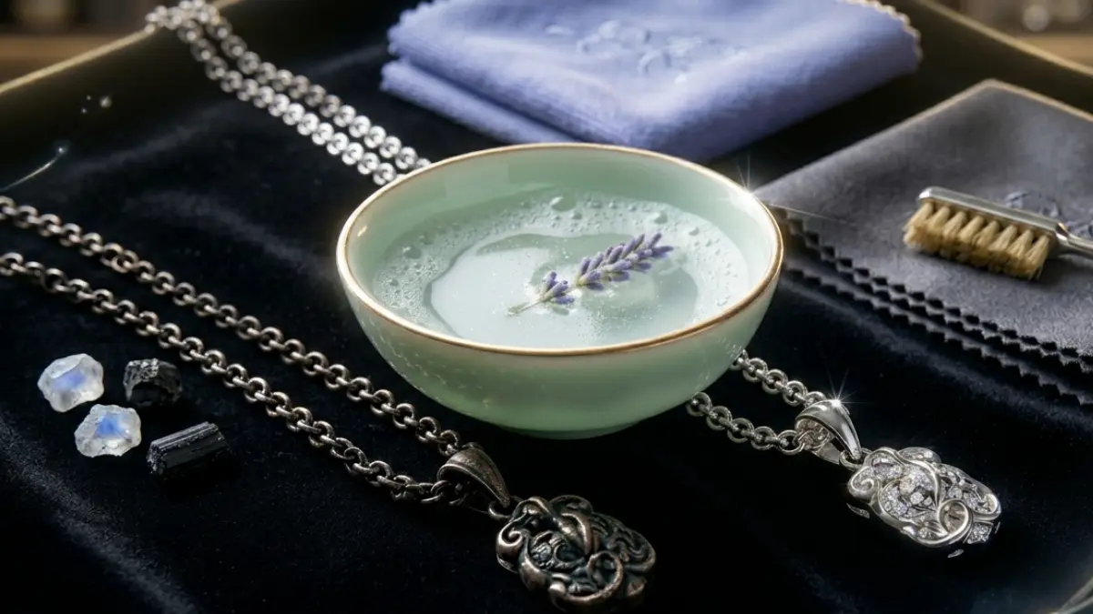 Tarnished silver necklace beside a shiny restored silver necklace with soapy water and polishing cloth on a dark velvet surface.