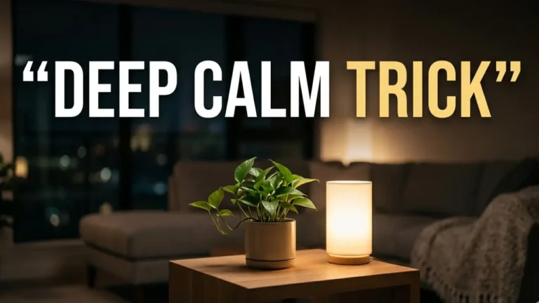 Soft glowing lamp and small green plant on a clean table creating a calm visual anchor in a peaceful modern room at night.