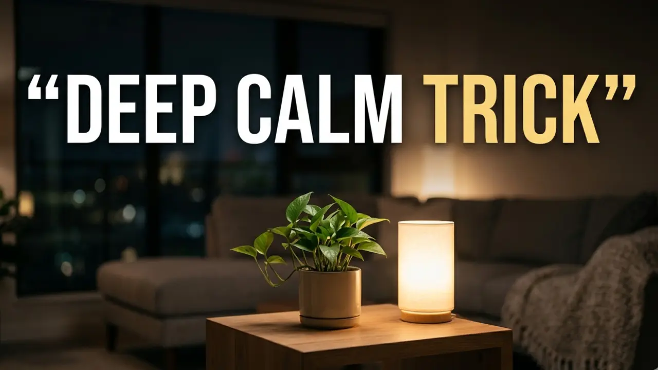 Soft glowing lamp and small green plant on a clean table creating a calm visual anchor in a peaceful modern room at night.