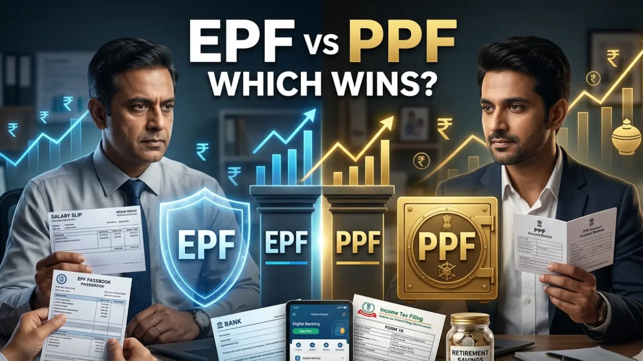EPF vs PPF comparison for Indian retirement savings with tax, interest, and safe investment concept.
