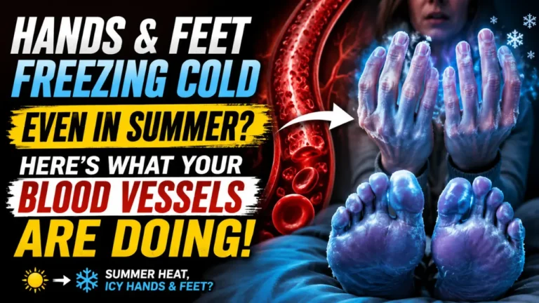 Person showing icy cold hands and feet in summer heat with blood vessel illustration explaining reduced circulation and vessel tightening.