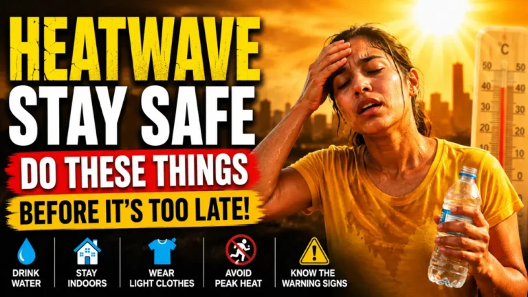 A woman suffering in extreme heat holds a water bottle under a blazing sun, with bold heatwave safety text and warning icons.