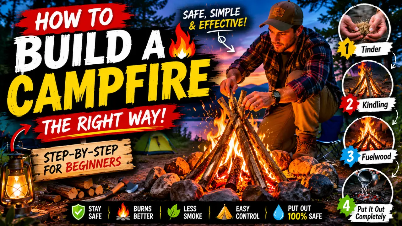 A camper building a safe campfire at dusk with tinder, kindling, fuelwood, and bold step-by-step text for beginners.