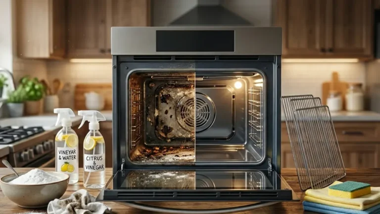 Open kitchen oven showing natural cleaning supplies like baking soda, vinegar, and microfiber cloths for cleaning baked-on grease without harsh chemicals.