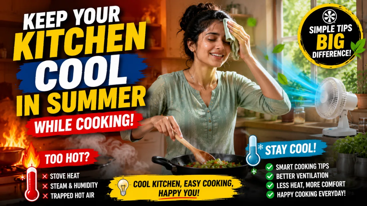 A woman cooking in a hot summer kitchen with a fan, open window, steam, and bold text about keeping the kitchen cool while cooking.