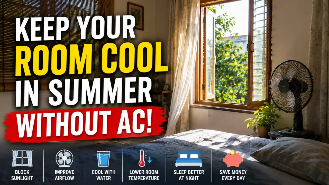 A realistic summer bedroom with an open window, fan, sunlight, and bold text about keeping a room cool without AC.