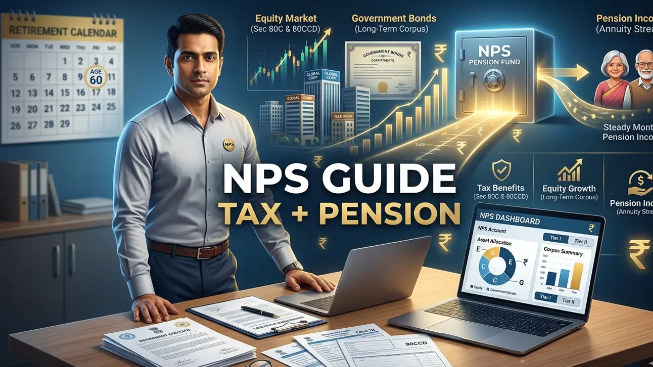 National Pension System guide for Indian retirement planning showing NPS tax benefits, equity allocation, and pension income.