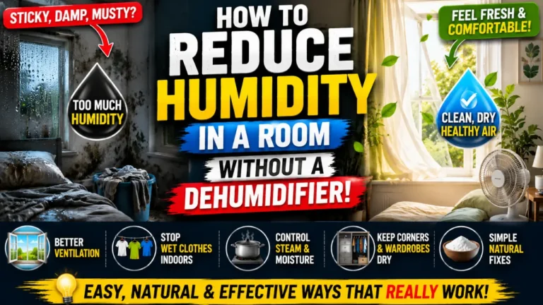 A split room showing a damp musty bedroom and a fresh ventilated room, with bold text about reducing humidity without a dehumidifier.