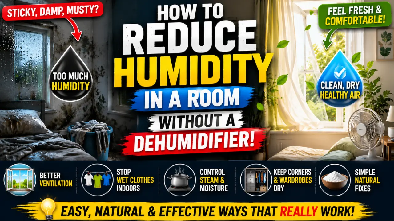 A split room showing a damp musty bedroom and a fresh ventilated room, with bold text about reducing humidity without a dehumidifier.