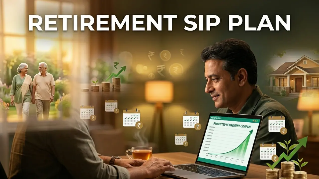 A salaried person planning retirement with Mutual Fund SIPs, growth chart, savings icons, and future financial security concept.