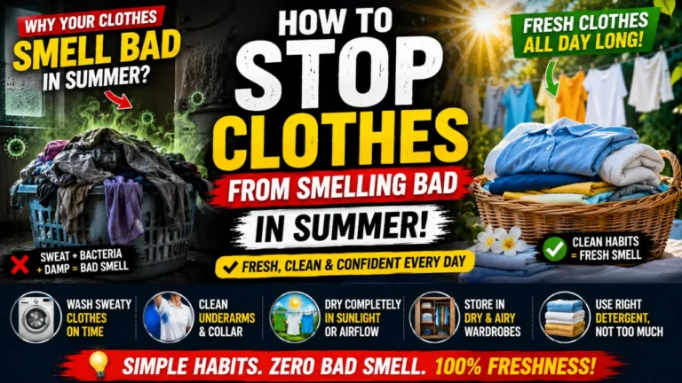 A split image showing smelly damp laundry and fresh sun-dried clothes, with bold text about stopping clothes from smelling bad in summer.