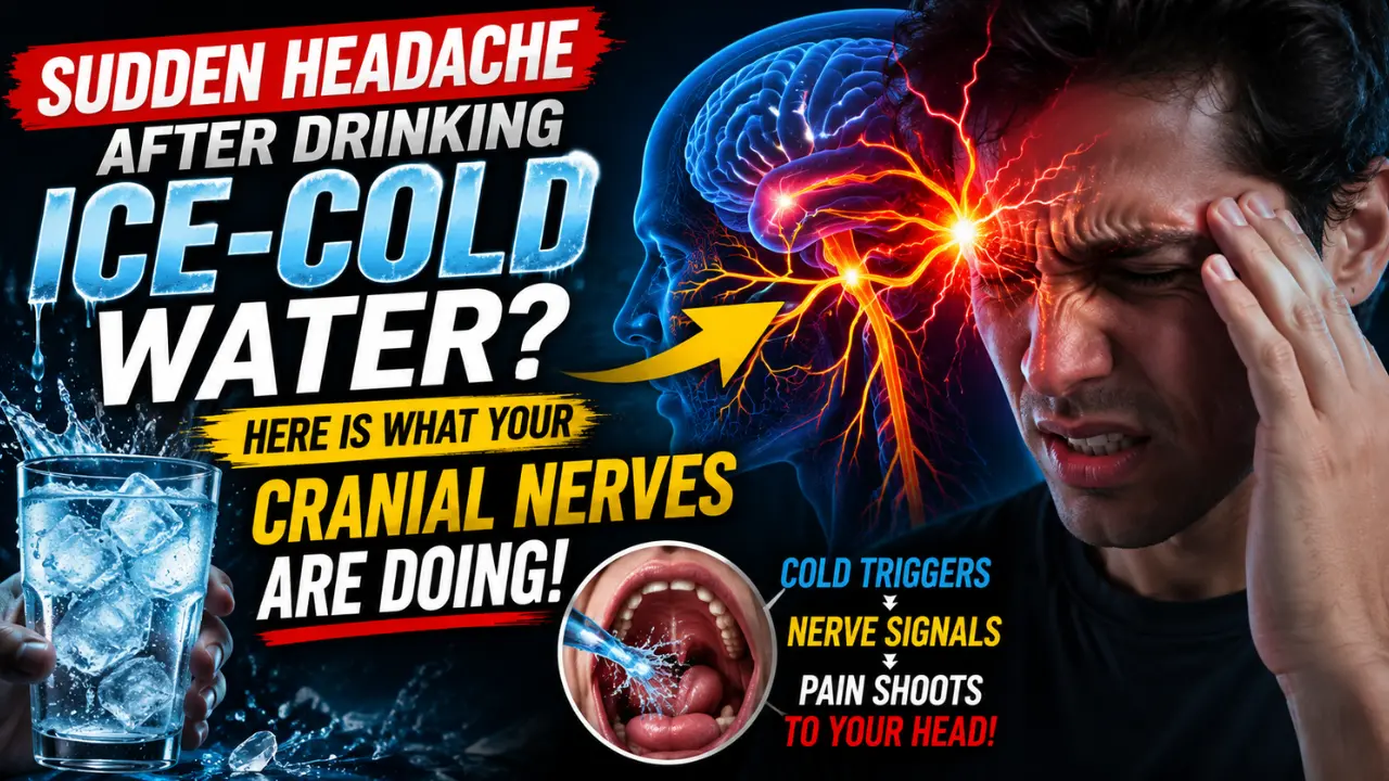 Man holding his head after drinking ice-cold water with glowing cranial nerve pathways showing how cold triggers sudden headache pain.