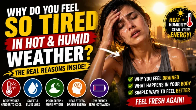 A tired sweaty woman in hot humid weather with bold text explaining how heat, humidity, sweat, poor sleep and fluid loss drain energy.