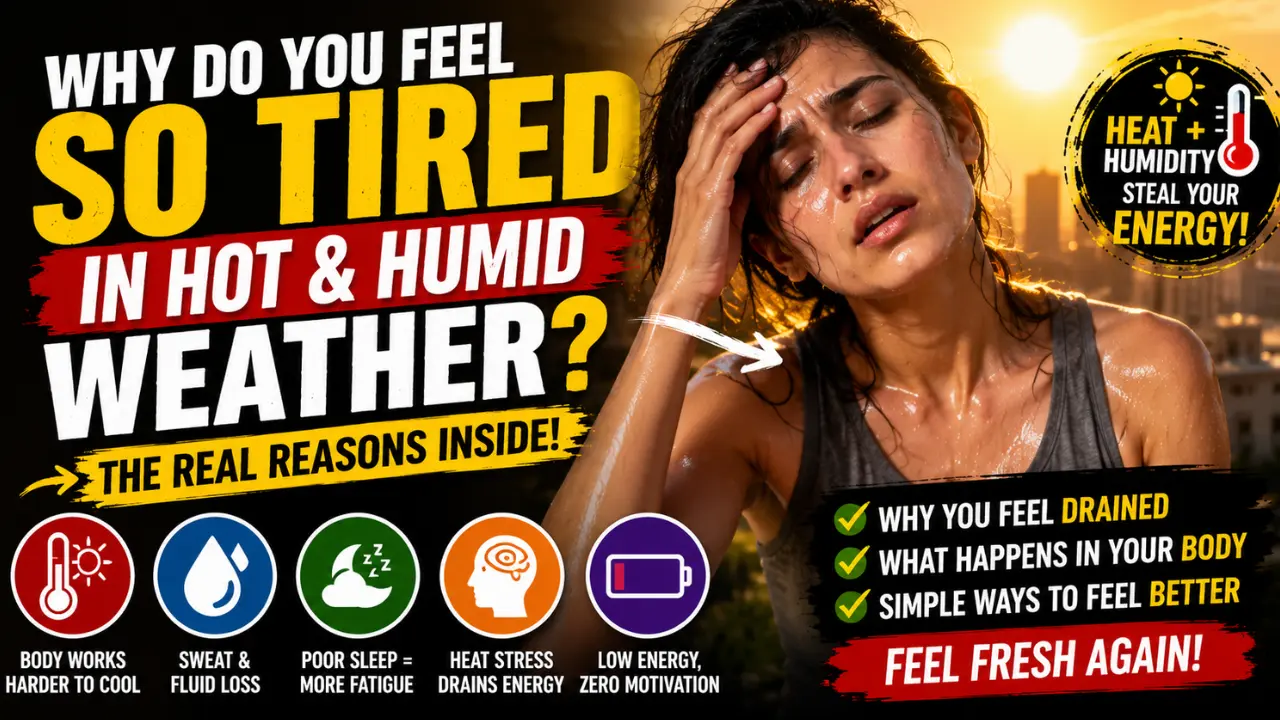 A tired sweaty woman in hot humid weather with bold text explaining how heat, humidity, sweat, poor sleep and fluid loss drain energy.