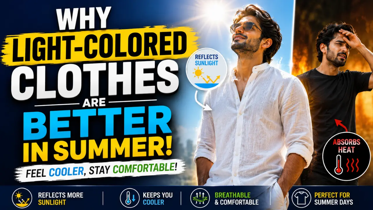A man in white clothes stays cool under summer sunlight while a man in dark clothes feels hotter, showing why light-coloured clothes are better in summer.