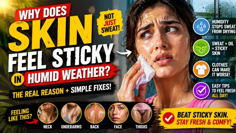 A sweaty woman wiping her face in humid weather, with bold text explaining sticky skin caused by sweat, oil, and moisture in the air.