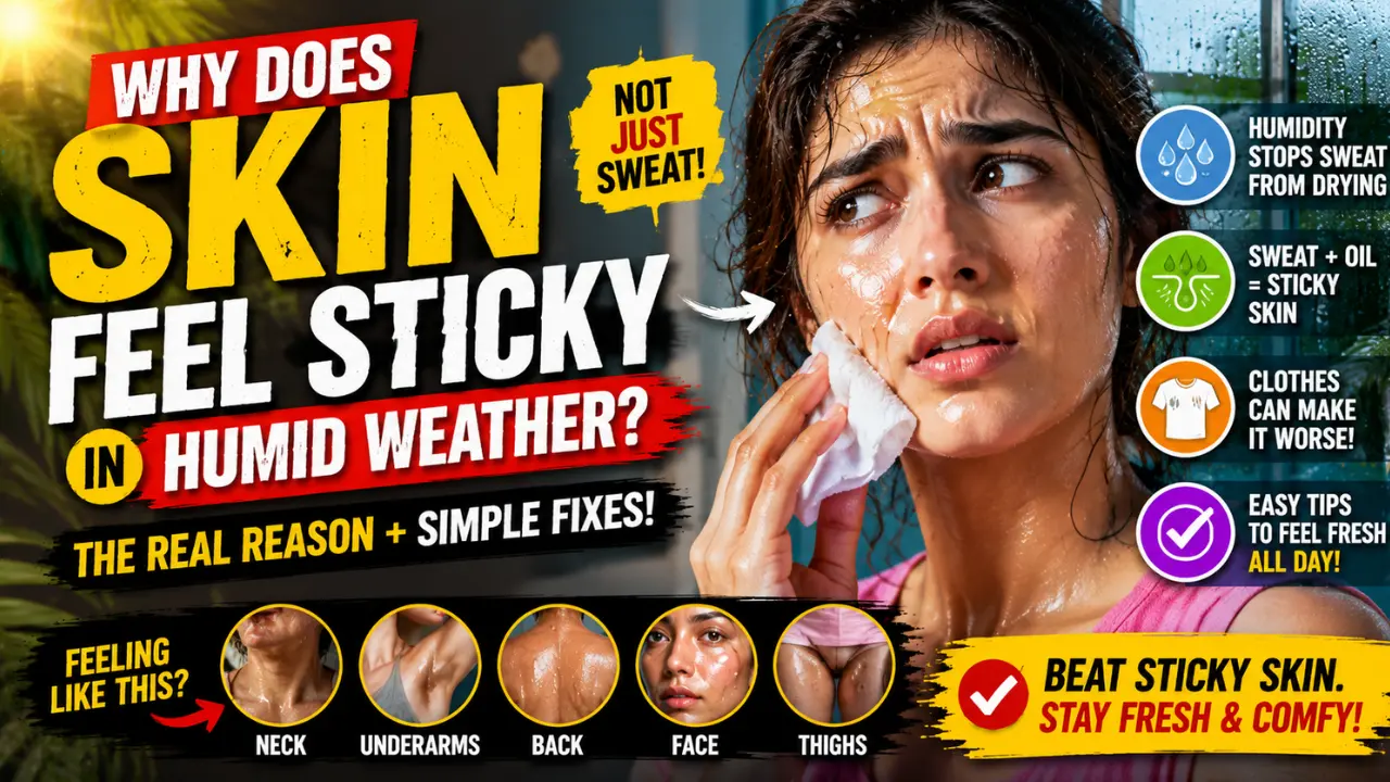 A sweaty woman wiping her face in humid weather, with bold text explaining sticky skin caused by sweat, oil, and moisture in the air.