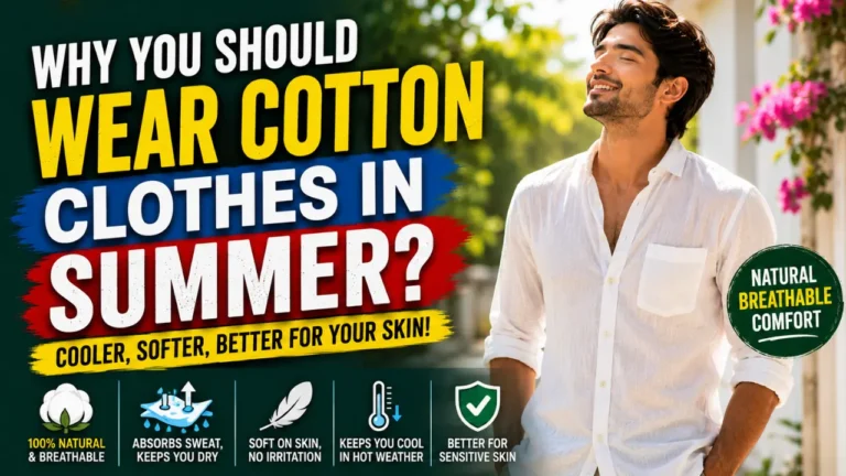 A man wearing a white cotton shirt in summer sunlight with bold text explaining cotton clothes are cooler, softer, and breathable.
