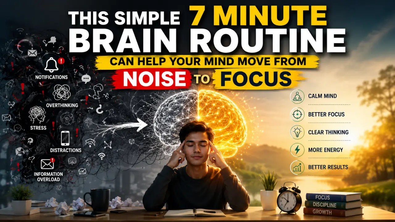 A split-style feature image showing a stressed mind moving from digital noise and distractions to calm focus through a simple 7 minute brain routine.
